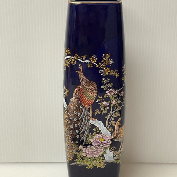 VINTAGE Asian Japanese Vase Peacocks Floral Square Mouth Base Cobalt Blue - Picture 3 of 8